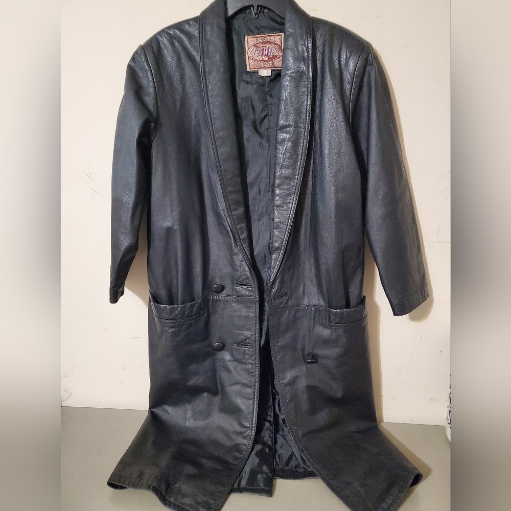 Y2k International Leather Collection Black Leather Trench Coat Size Small Petite